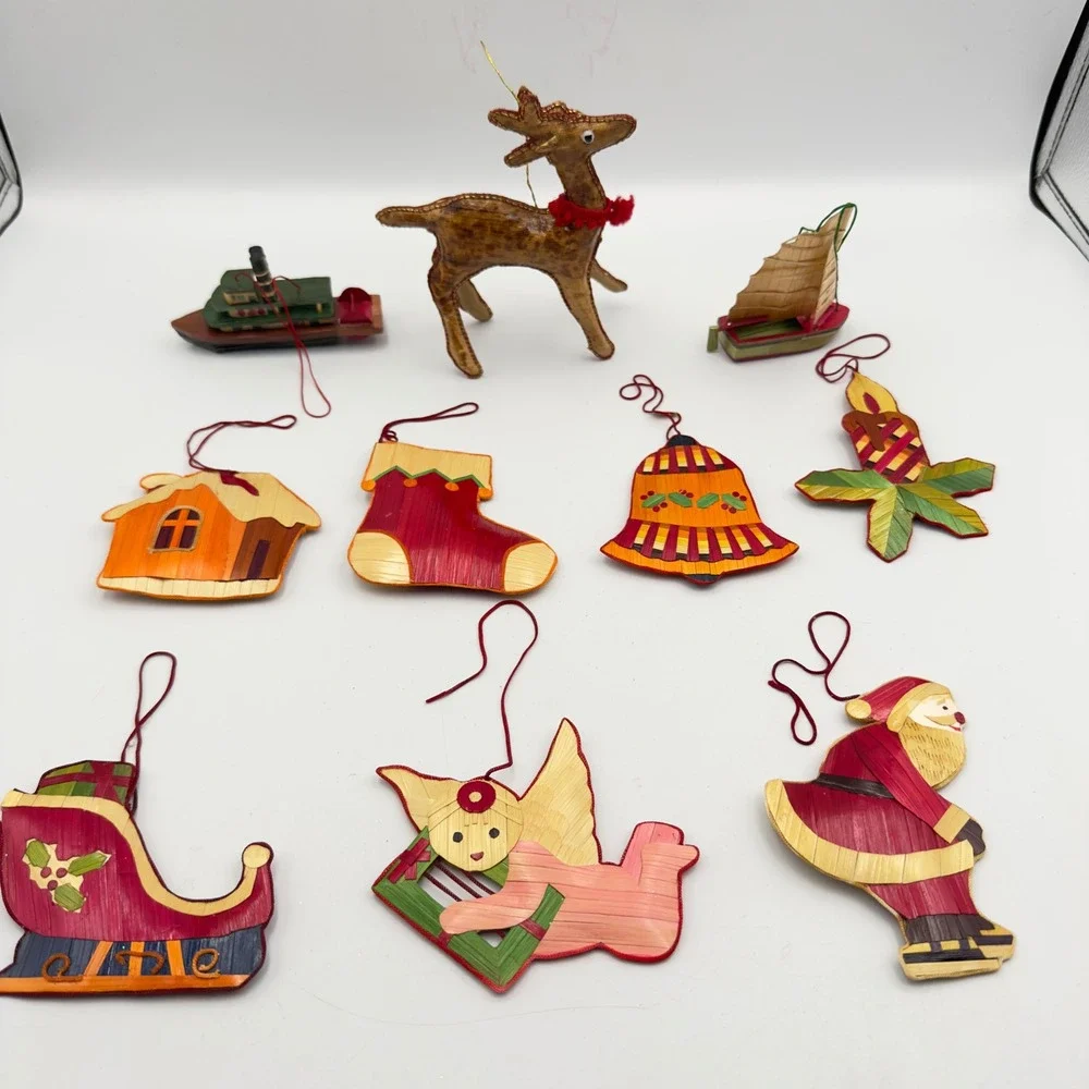 Vintage Straw Wood‎ Christmas Ornaments Set 10 Reindeer Santa Angel Folk Art